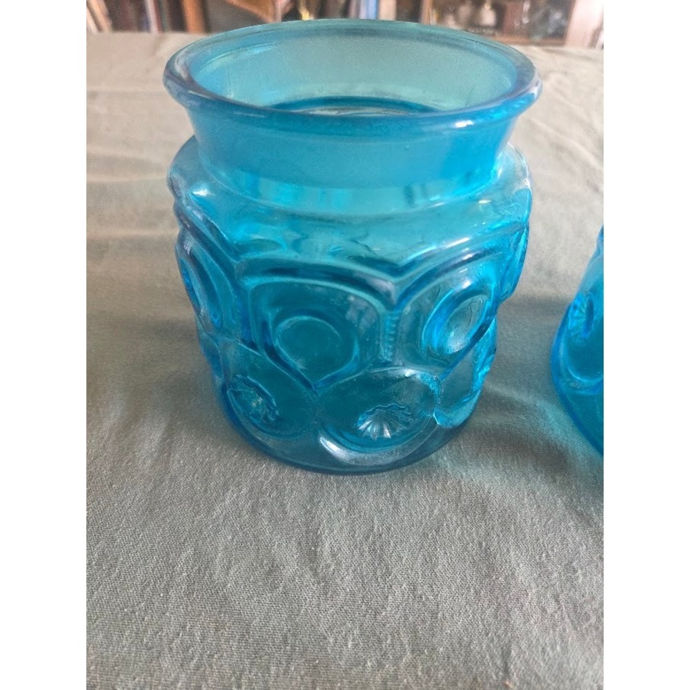 L.E. Smith Moon and Star Blue Glass Canister Jar Vintage Mid Century Modern